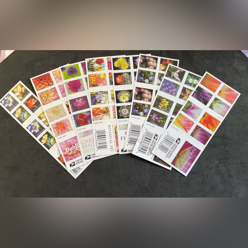 Floral Forever Stamp Bundle. 8 Books=160 total stamps. Flowers Orchids dahlias..